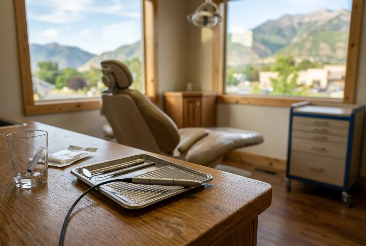 Dental instruments and a handpiece on a tray in an examination room overlooking mountain scenery.