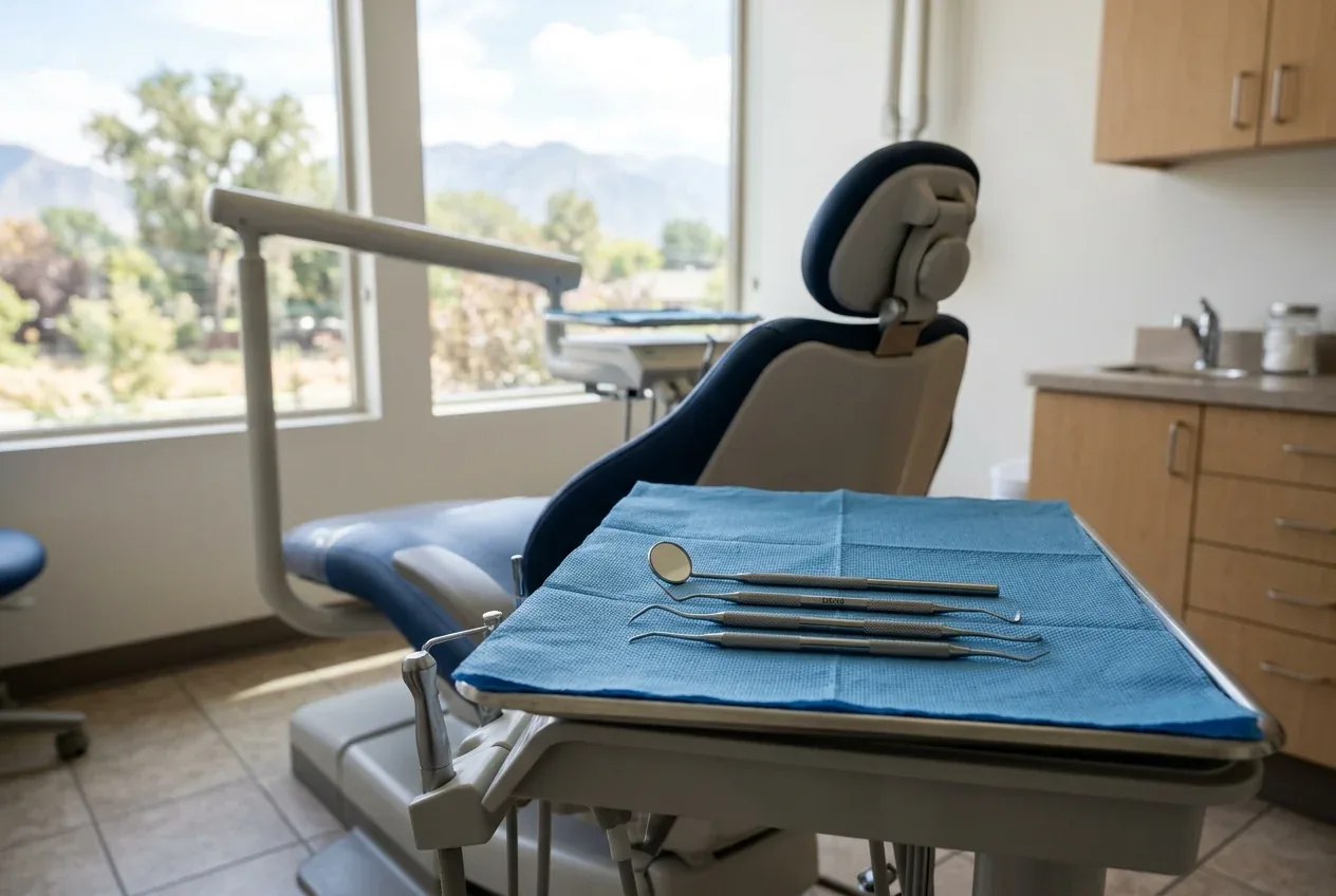 Dental instruments on a tray in front of a dental examination chair by a window.