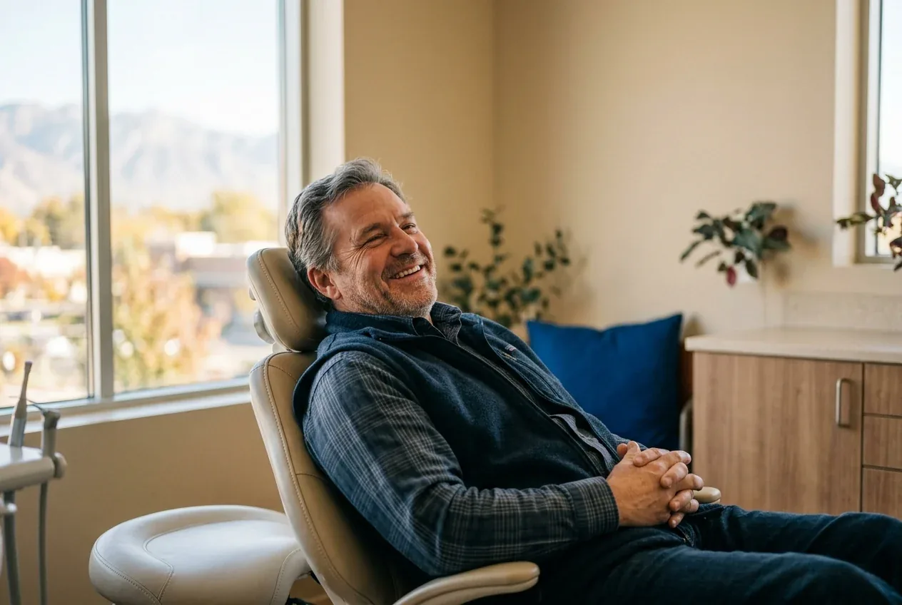 A smiling patient reclined in a dental chair next to a bright window.
