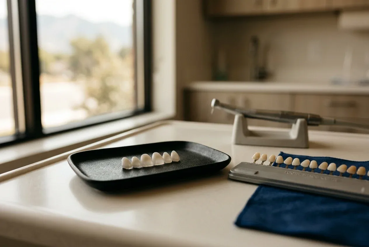 Dental veneers on a black tray next to a tooth shade guide and dental handpiece.